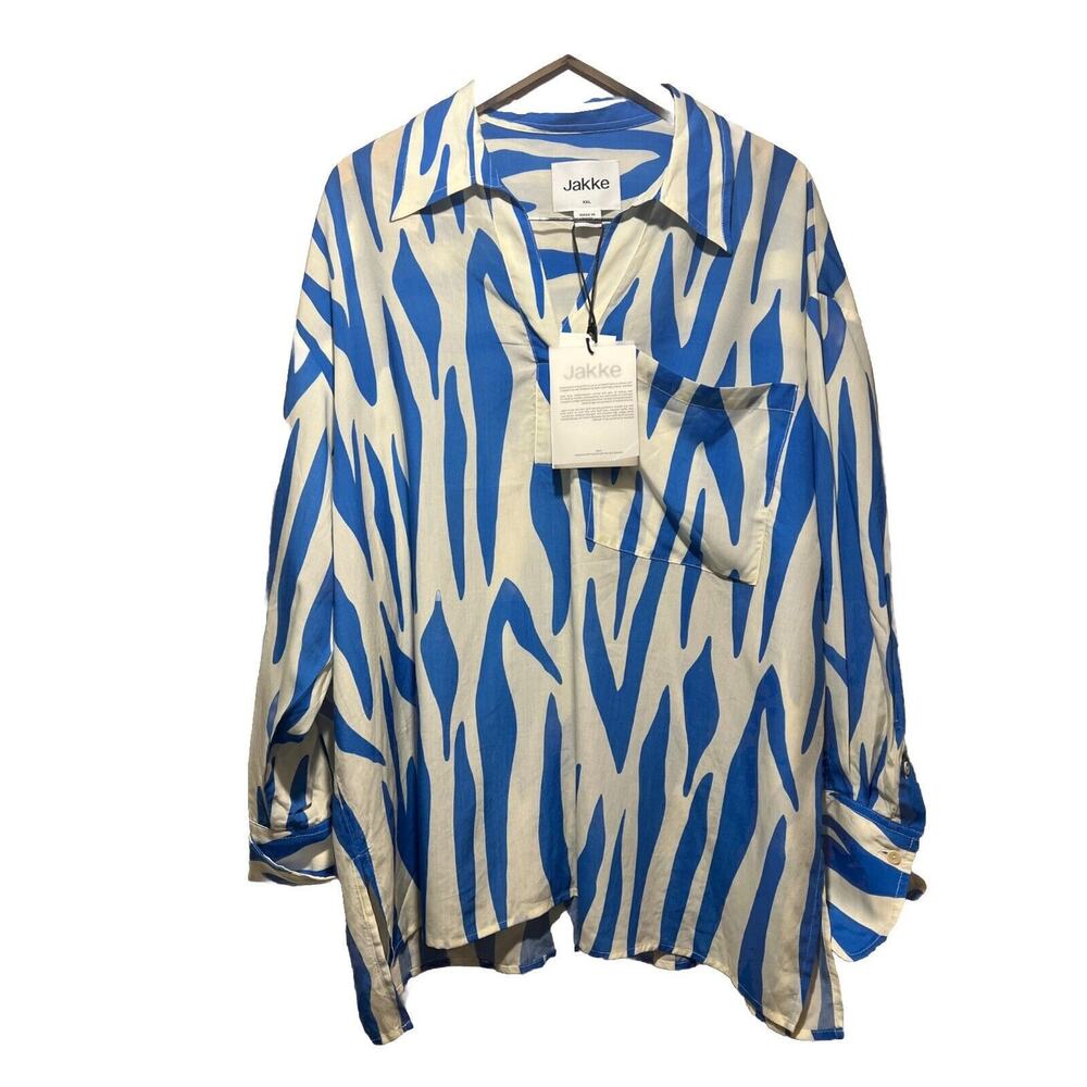 JAKKE Leyton Shirt Blue Tiger Oversized XXL V Neck Cuffed Sleeves NWT Orig $198